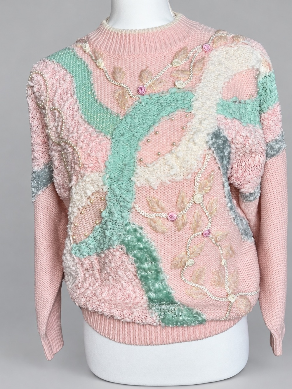 Jaclyn Smith Sweater M Vintage 80s Faux Pearls Grandmacore Pullover Popcorn Knit